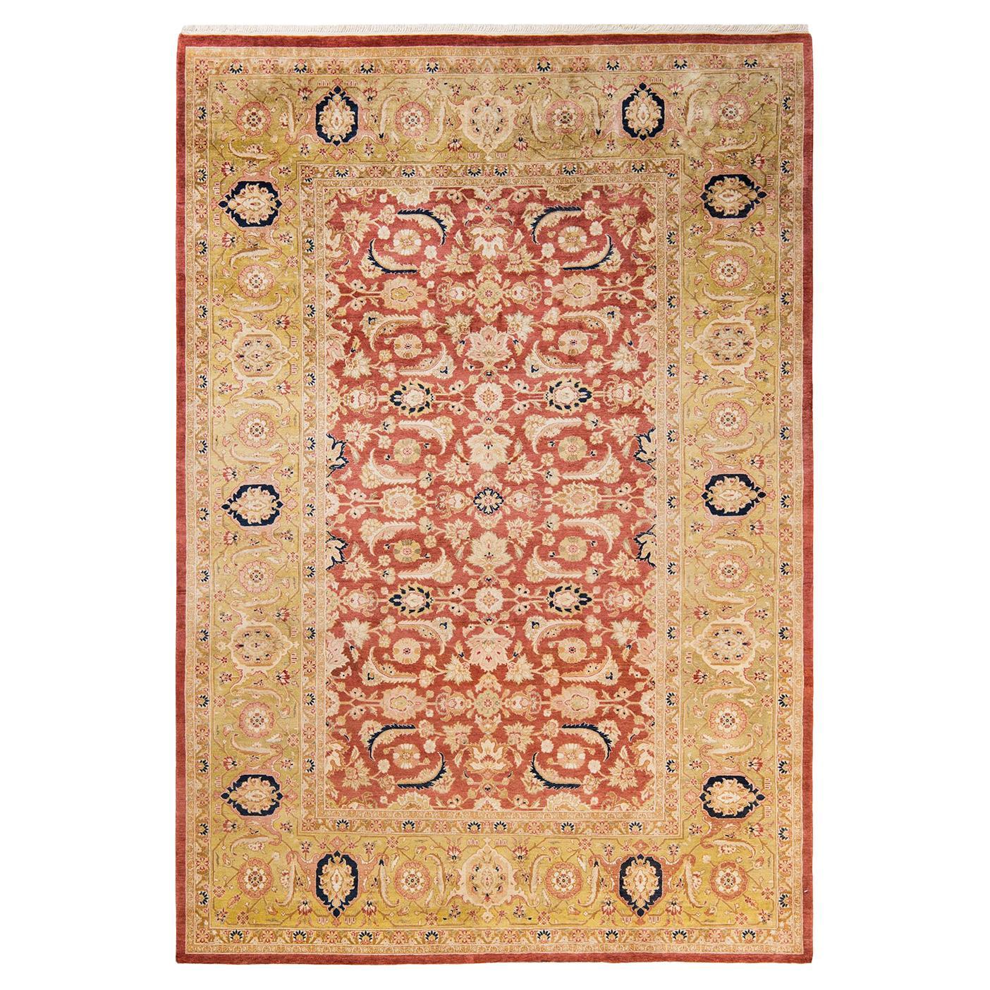 Tapis traditionnel orange Mogul unique en son genre fabriqué à la main
