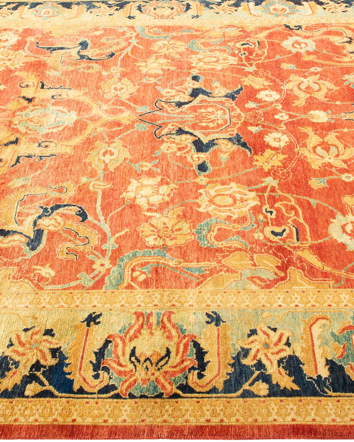 XXIe siècle et contemporain Tapis traditionnel orange Mogul, unique en son genre, fabriqué à la main en vente