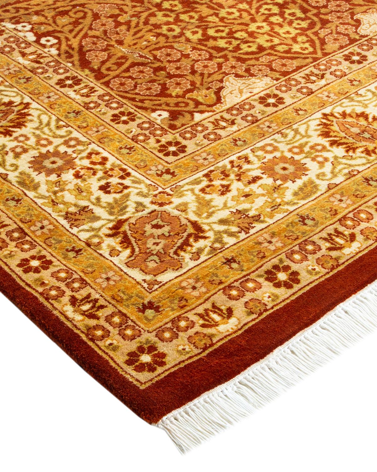 Wool One-Of-A-Kind Hand Made Traditional Mogul Orange Area Rug For Sale