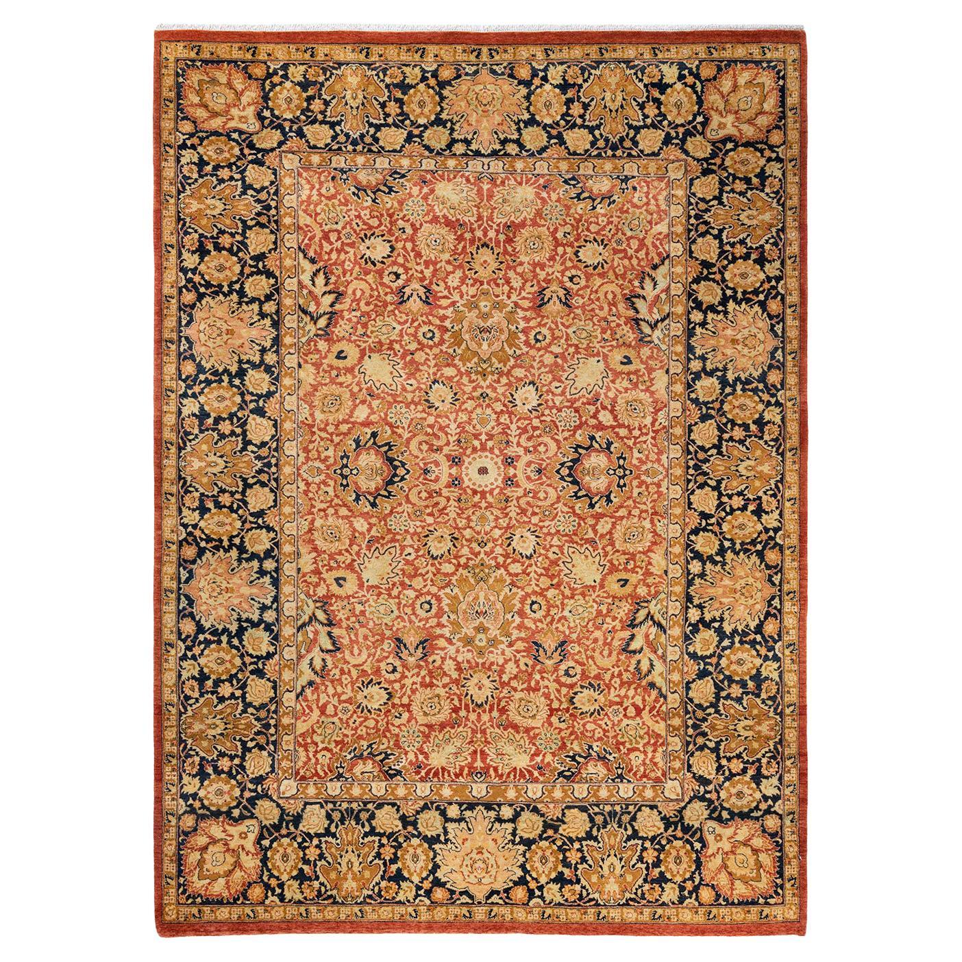Tapis traditionnel orange Mogul unique en son genre fabriqué à la main