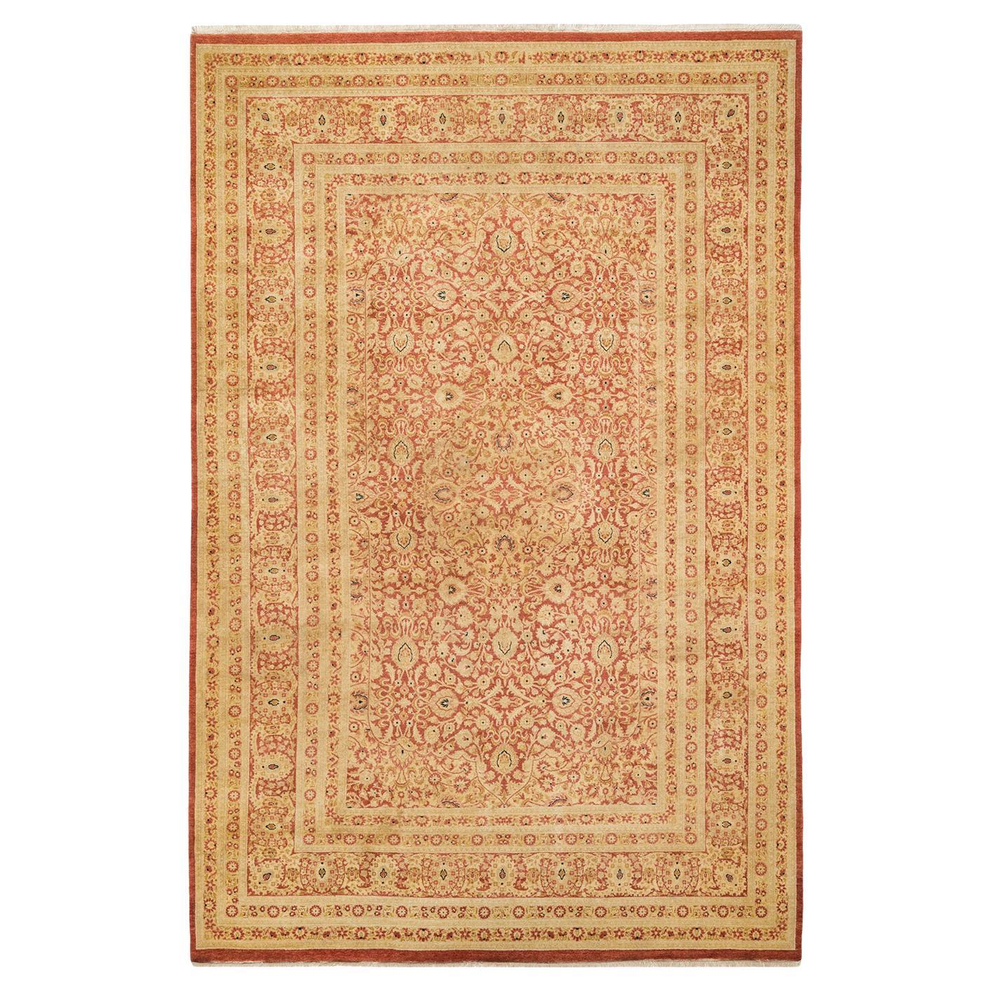 Tapis traditionnel orange Mogul unique en son genre fabriqué à la main