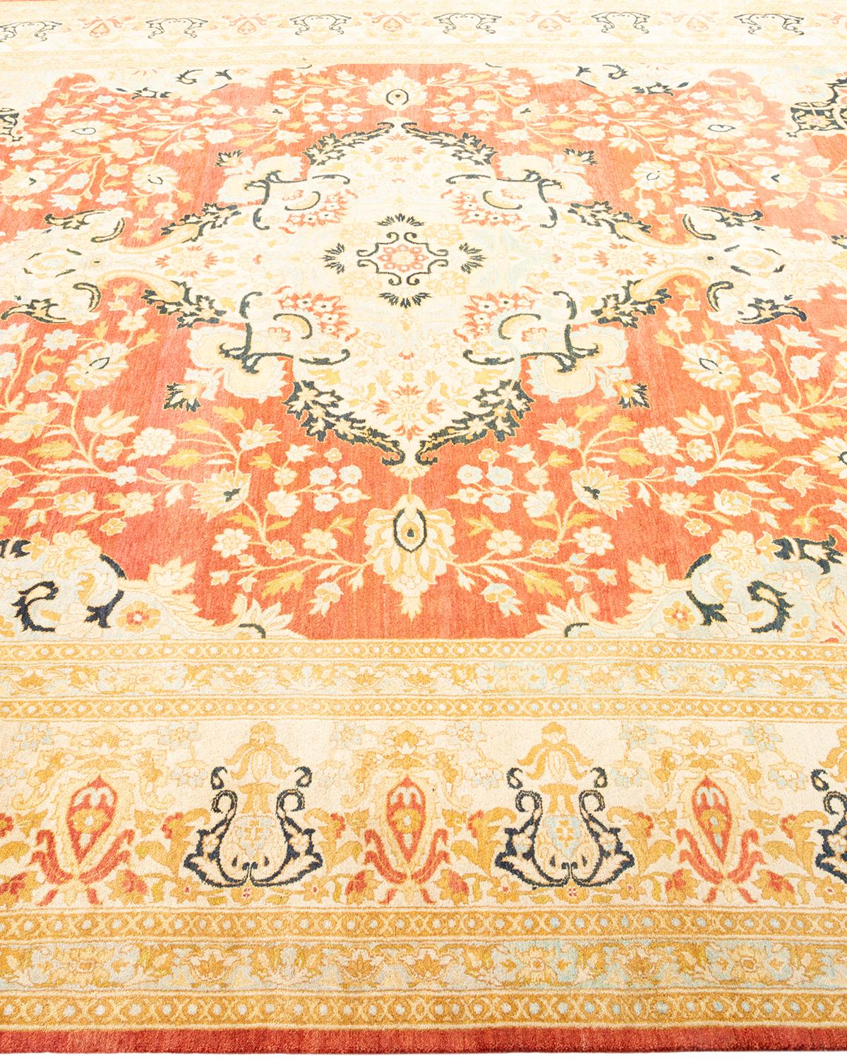 Hand-Knotted One-Of-A-Kind Hand Made Traditional Mogul Orange Area Rug For Sale