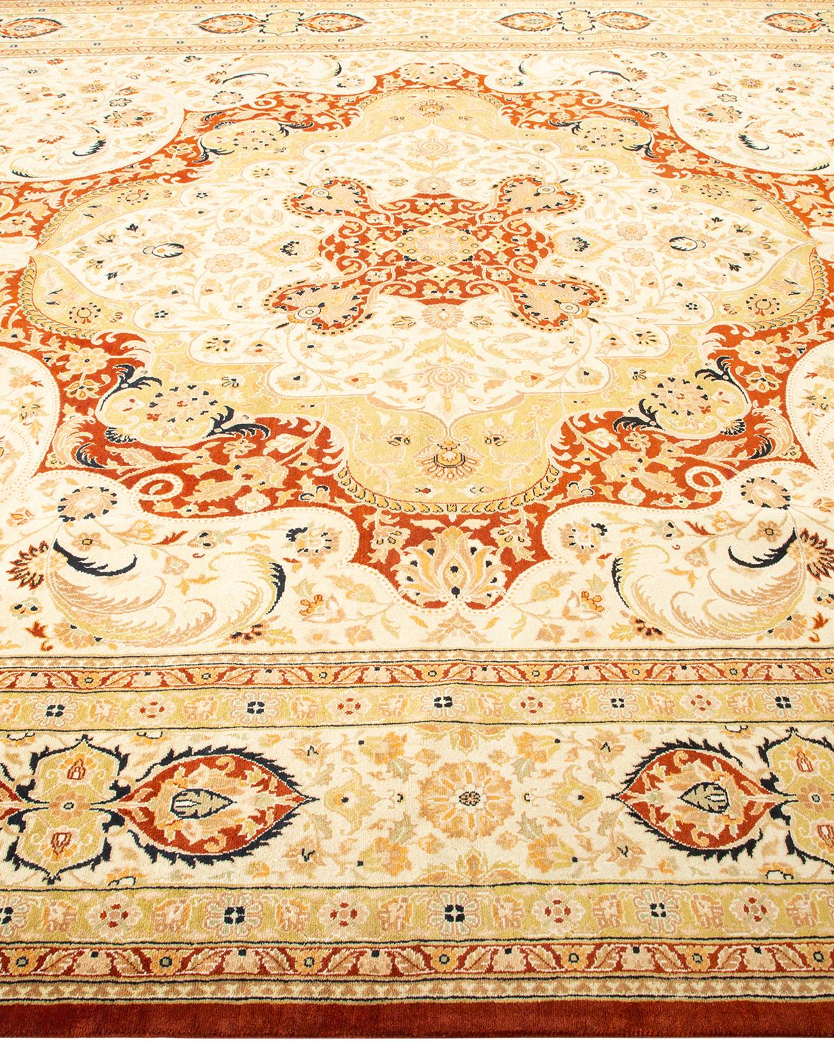 Contemporary One-Of-A-Kind Hand Made Traditional Mogul Orange Area Rug For Sale