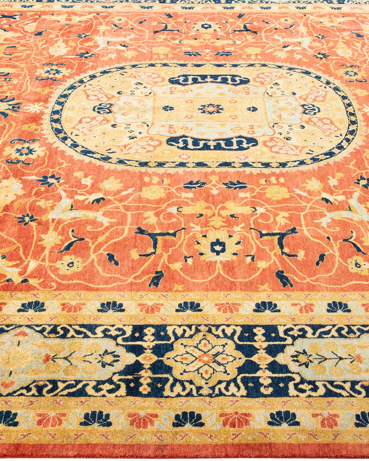 Contemporary One-Of-A-Kind Hand Made Traditional Mogul Orange Area Rug For Sale