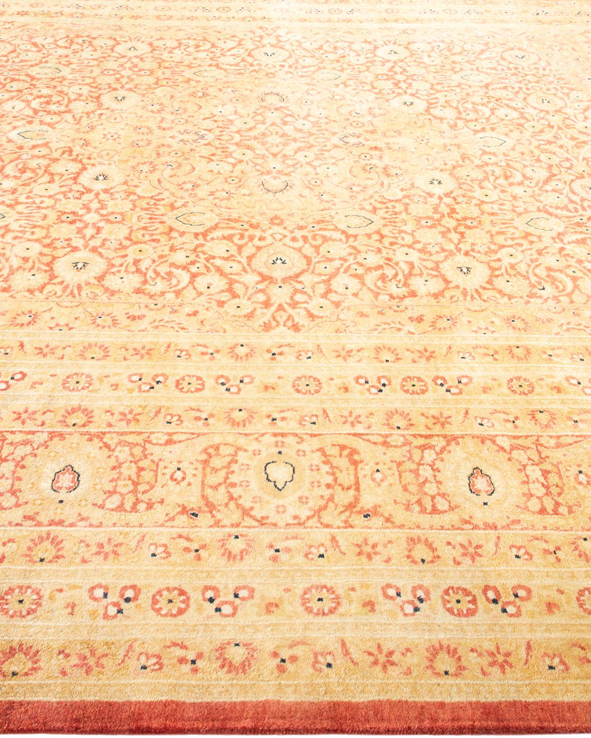 Einzigartiger, handgefertigter traditioneller Mogul-Teppich in Orange (Wolle) im Angebot