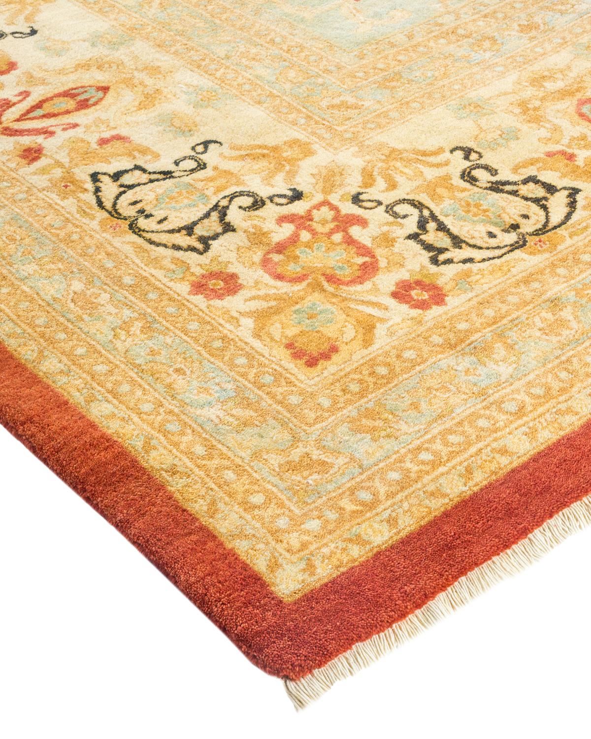 Wool One-of-a-Kind Hand Made Traditional Mogul Orange Area Rug For Sale