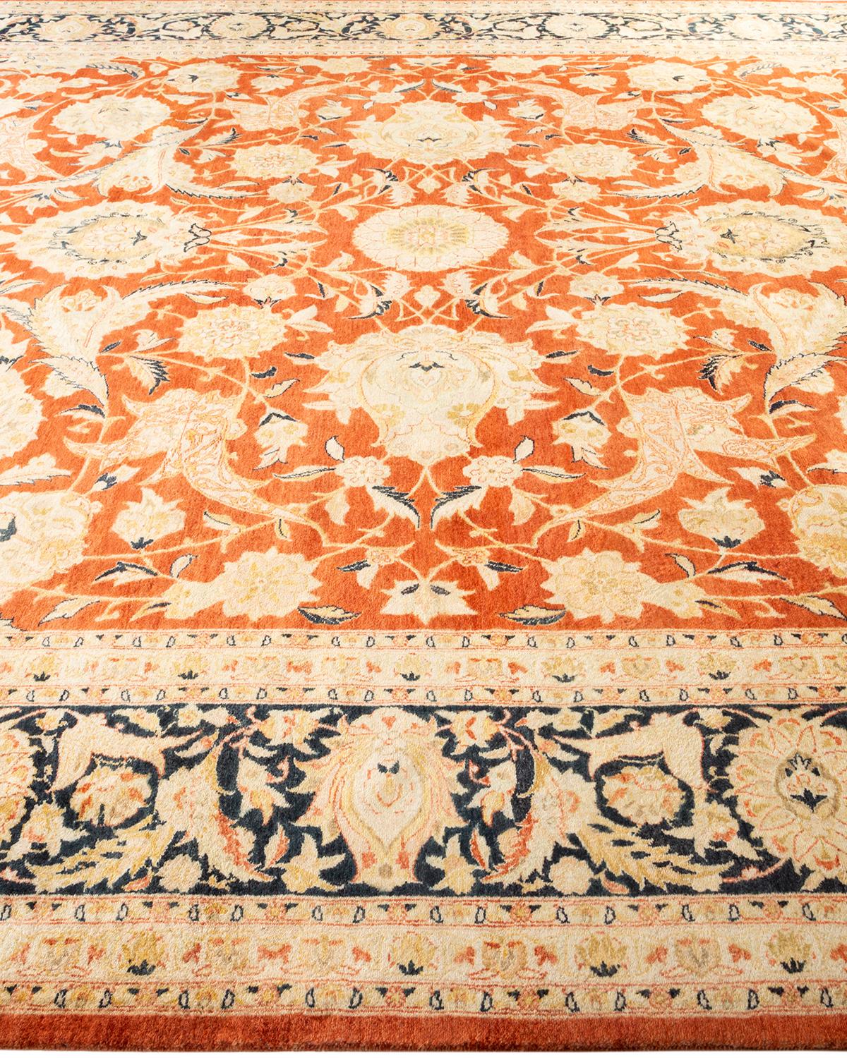 Contemporary One-Of-A-Kind Hand Made Traditional Mogul Orange Area Rug For Sale