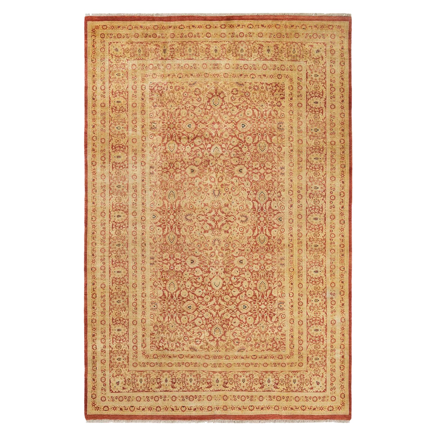 Tapis traditionnel orange Mogul unique fait à la main, unique en son genre