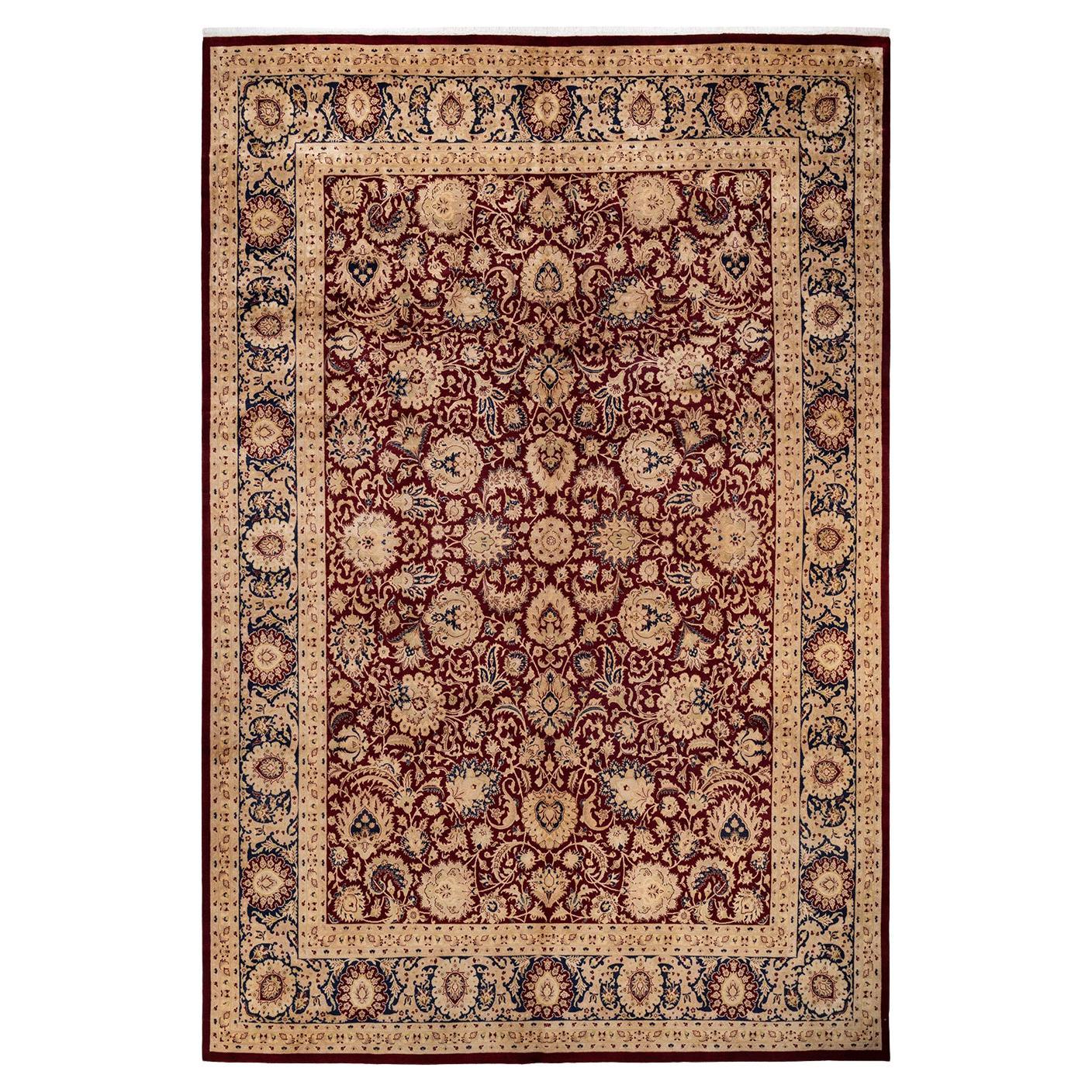 Tapis traditionnel Mogul rouge unique fait à la main, unique en son genre