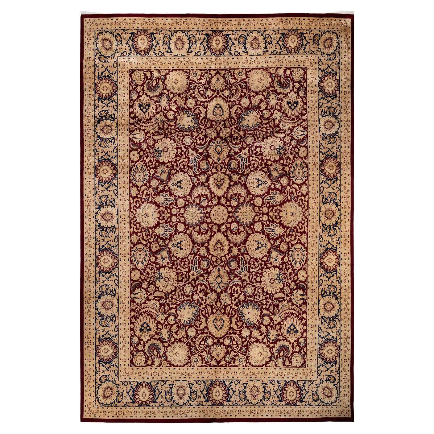 Tapis traditionnel Mogul rouge unique fait à la main, unique en son genre