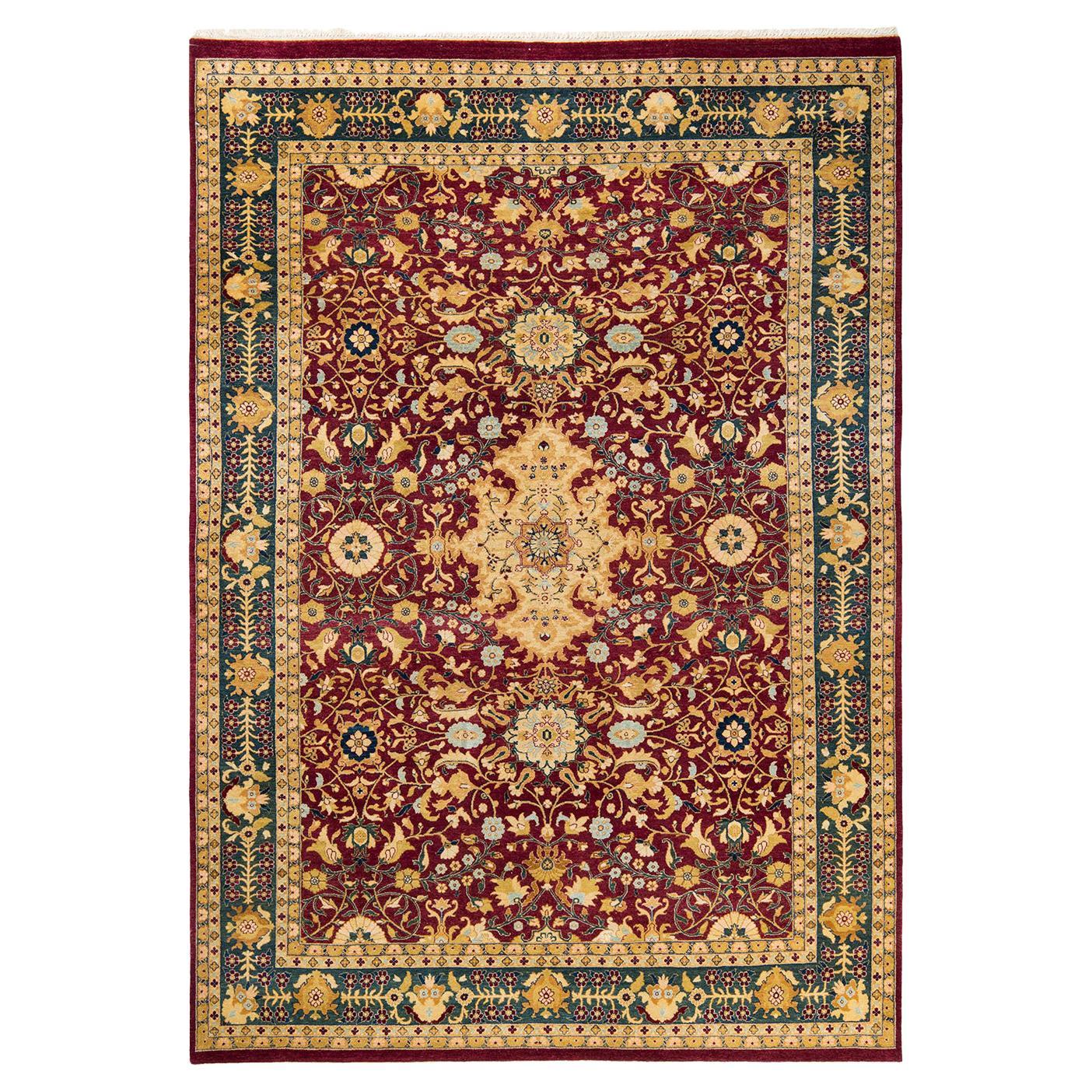 Tapis traditionnel Mogul rouge unique fait à la main, unique en son genre