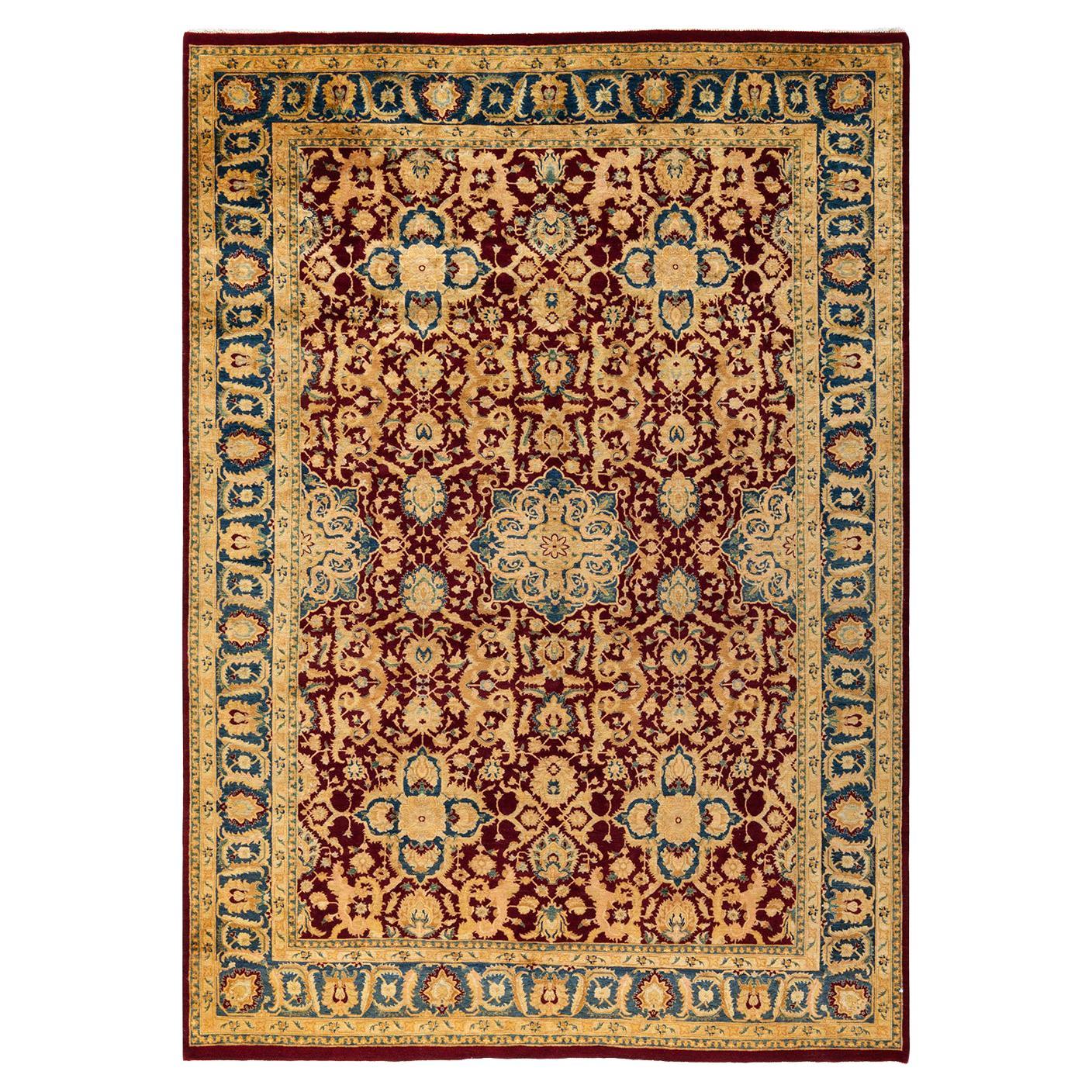 Tapis traditionnel Mogul rouge unique fait à la main, unique en son genre
