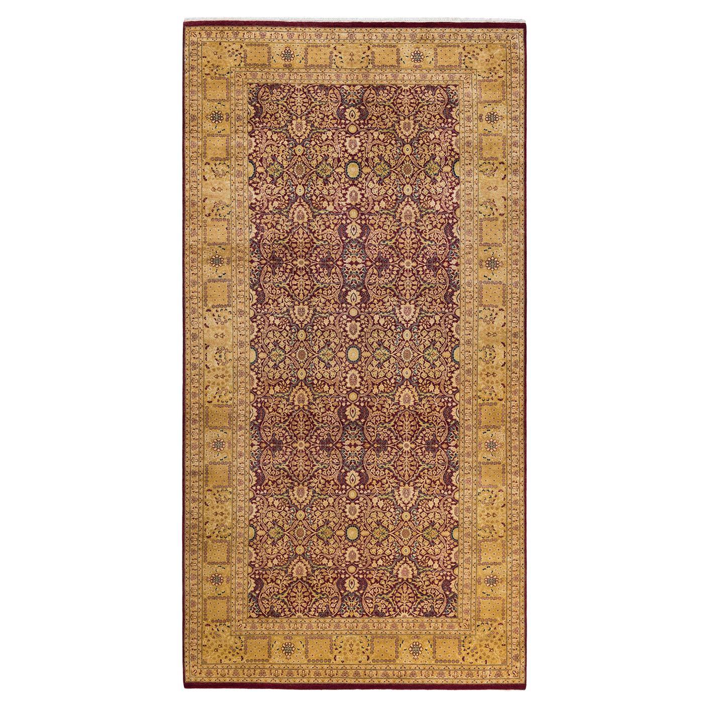 Tapis traditionnel Mogul rouge unique fait à la main, unique en son genre