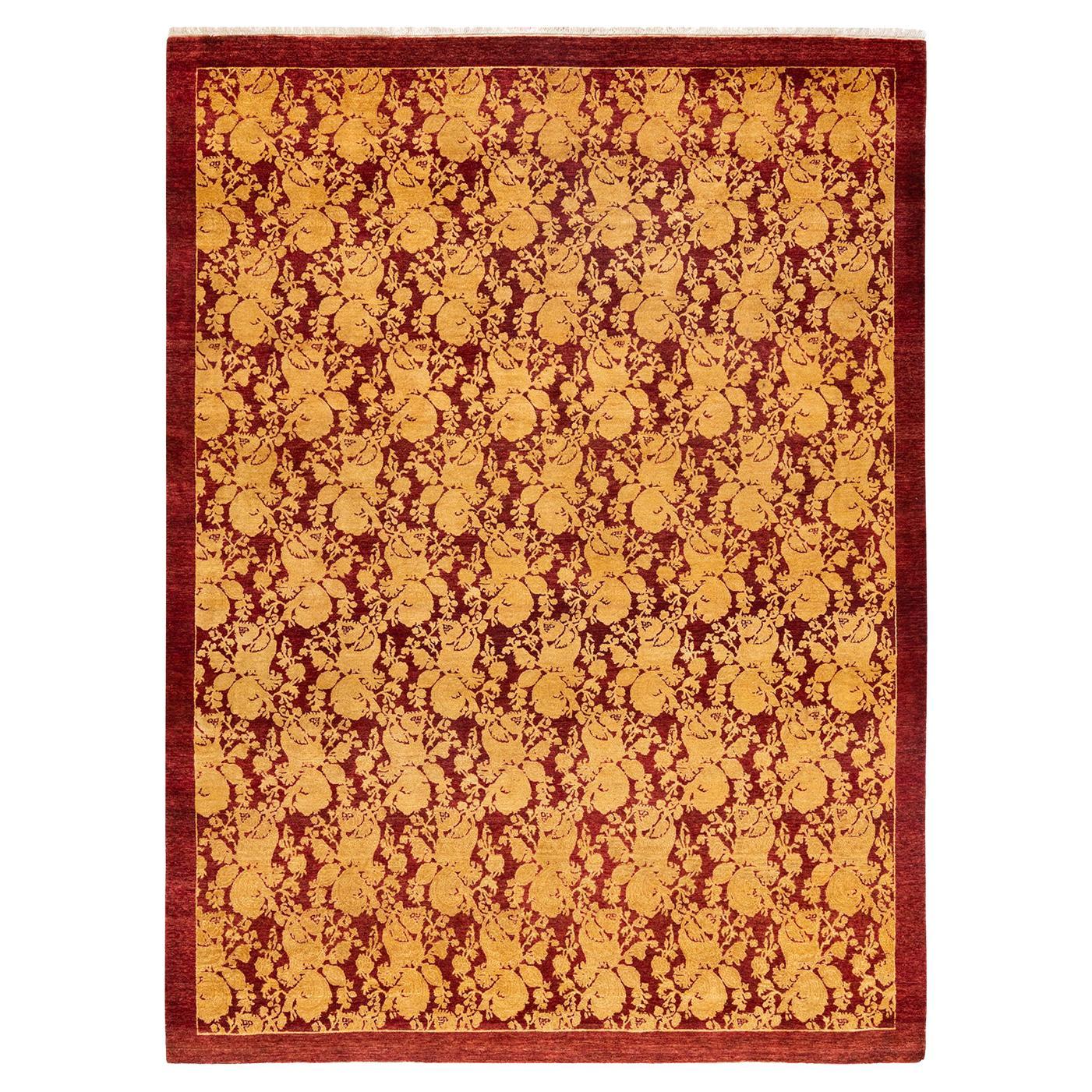 Tapis traditionnel Mogul rouge unique fait à la main, unique en son genre