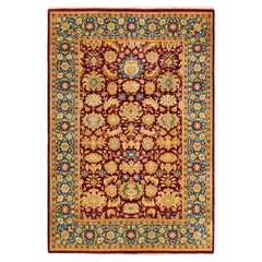 Tapis traditionnel Mogul rouge unique fait à la main, unique en son genre