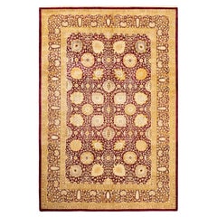 Tapis traditionnel Mogul rouge unique fait à la main, unique en son genre