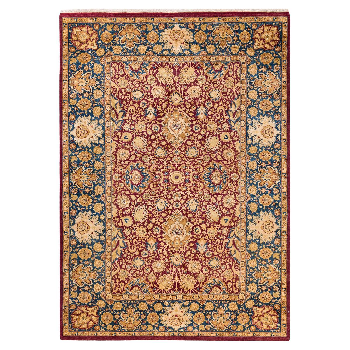 Tapis traditionnel Mogul rouge unique fait à la main, unique en son genre