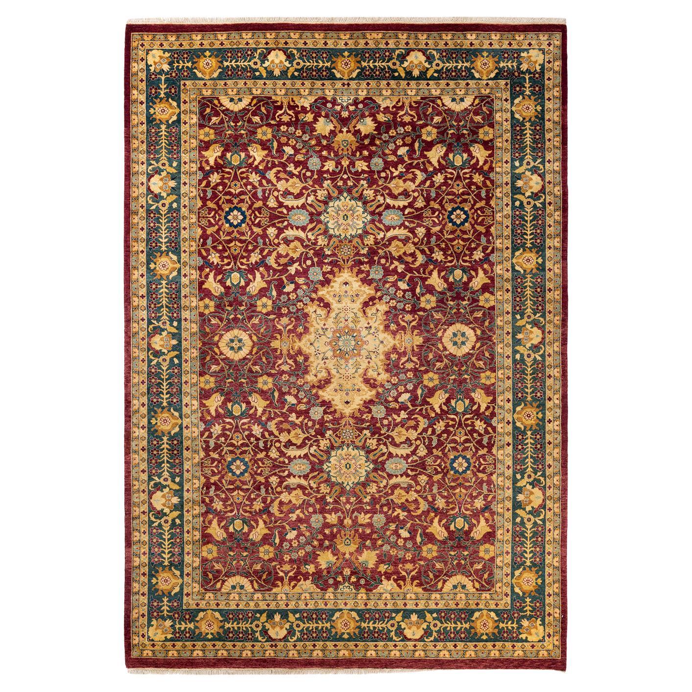 Tapis traditionnel Mogul rouge unique fait à la main, unique en son genre