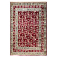 Tapis traditionnel Mogul rouge unique fait à la main, unique en son genre