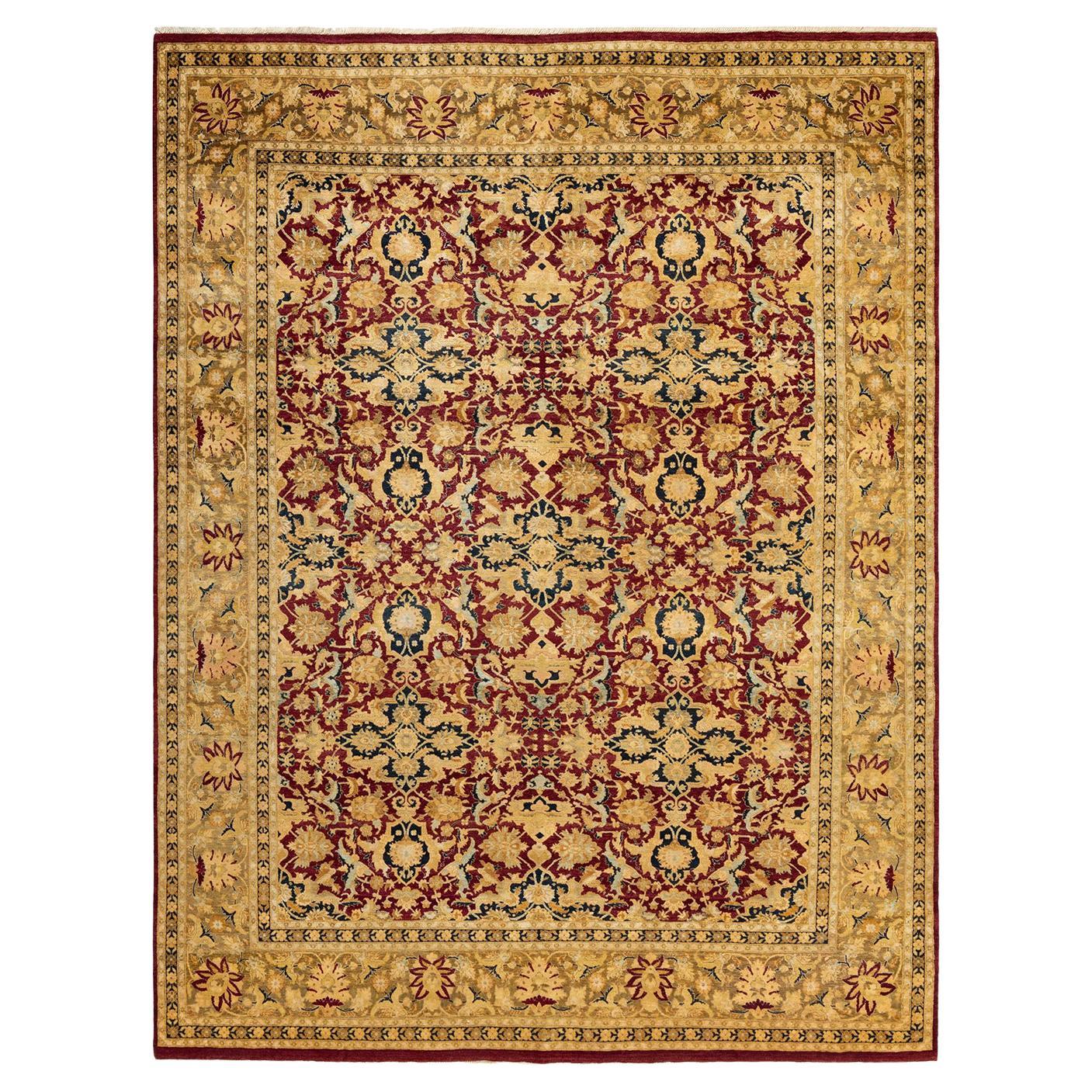 Tapis traditionnel Mogul rouge unique fait à la main, unique en son genre