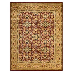 Tapis traditionnel Mogul rouge unique fait à la main, unique en son genre