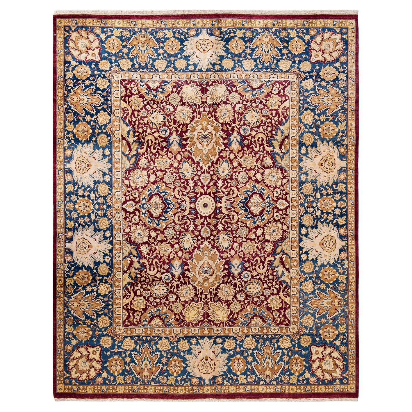 Tapis traditionnel Mogul rouge unique fait à la main, unique en son genre