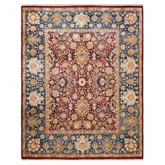 Tapis traditionnel Mogul rouge unique fait à la main, unique en son genre