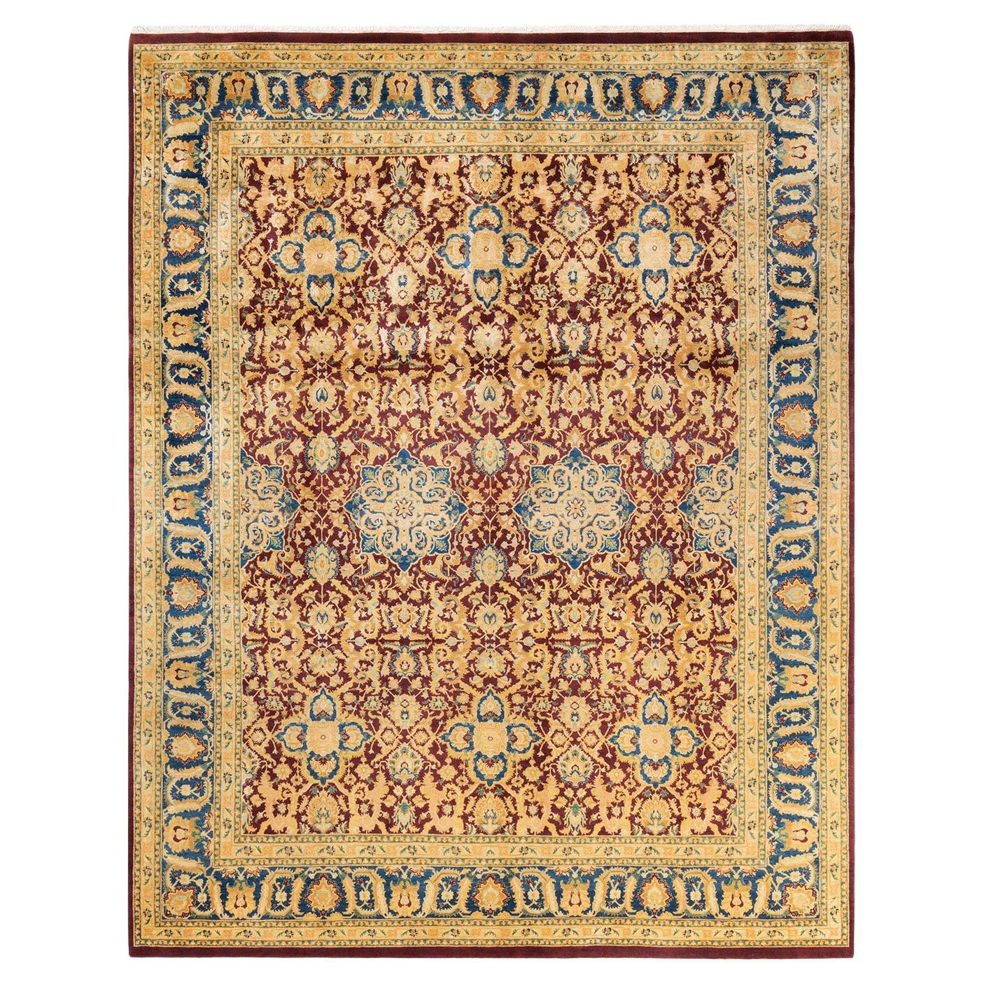 Tapis traditionnel Mogul rouge unique fait à la main, unique en son genre