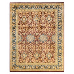 Tapis traditionnel Mogul rouge unique fait à la main, unique en son genre