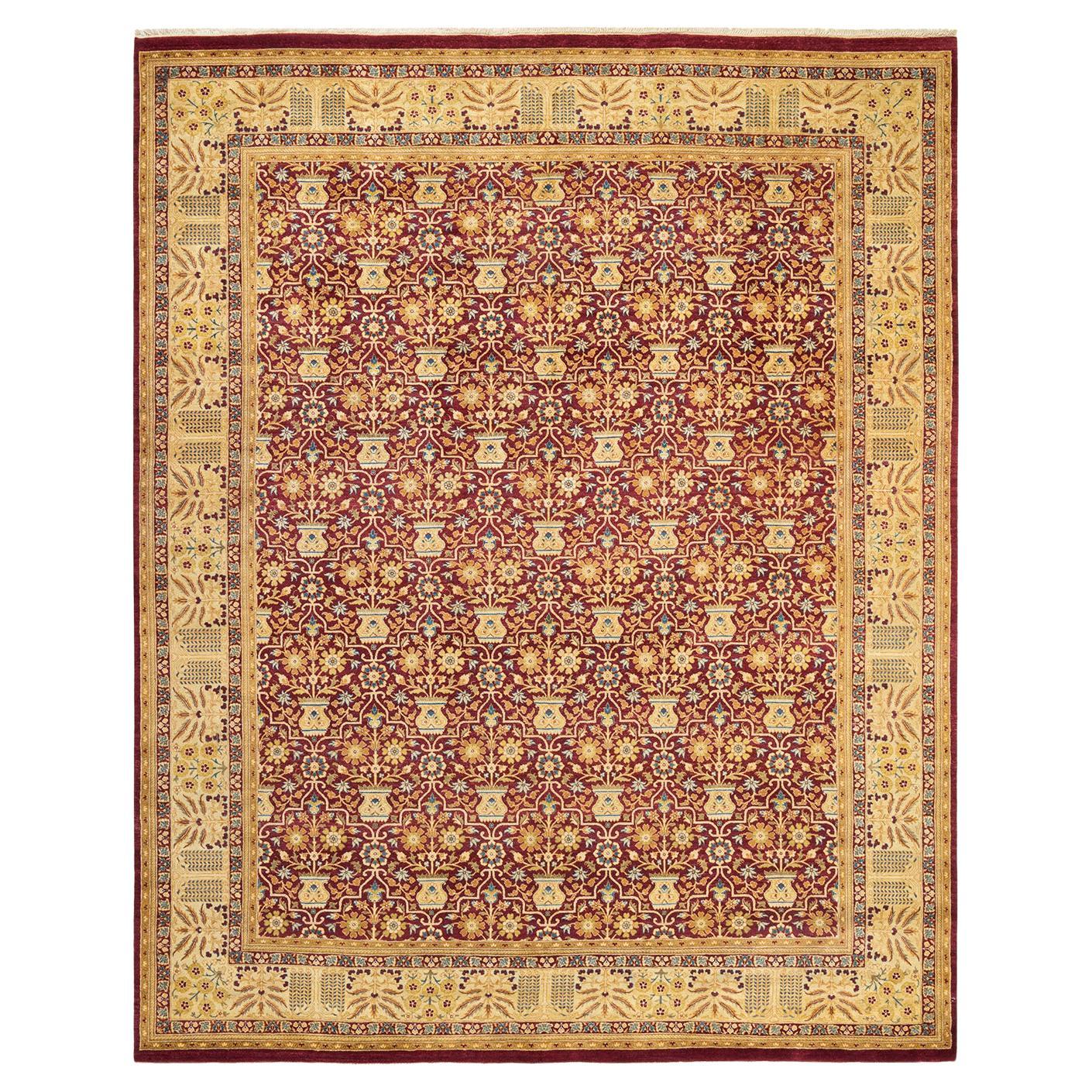 Tapis traditionnel Mogul rouge unique fait à la main, unique en son genre