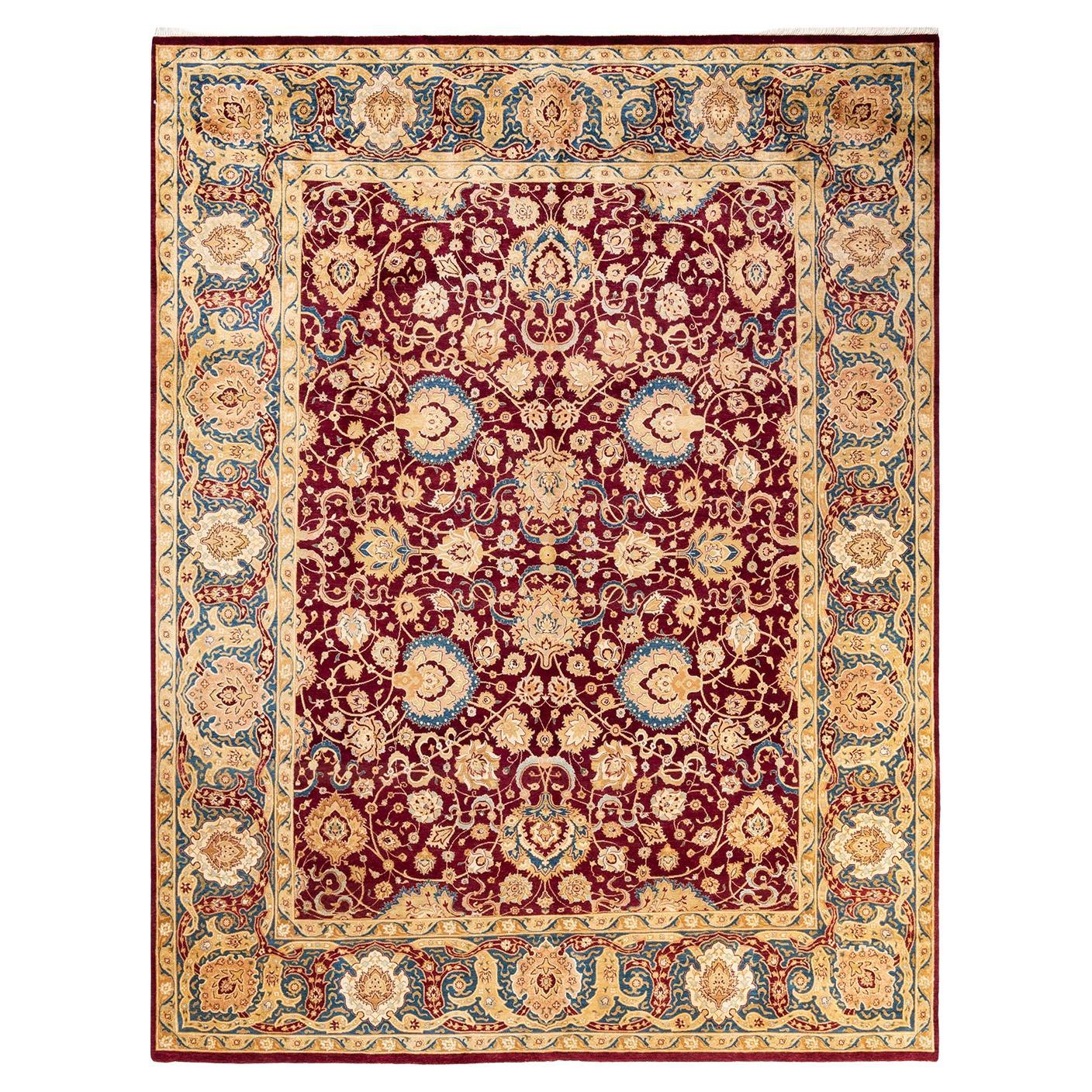 Tapis traditionnel Mogul rouge unique fait à la main, unique en son genre