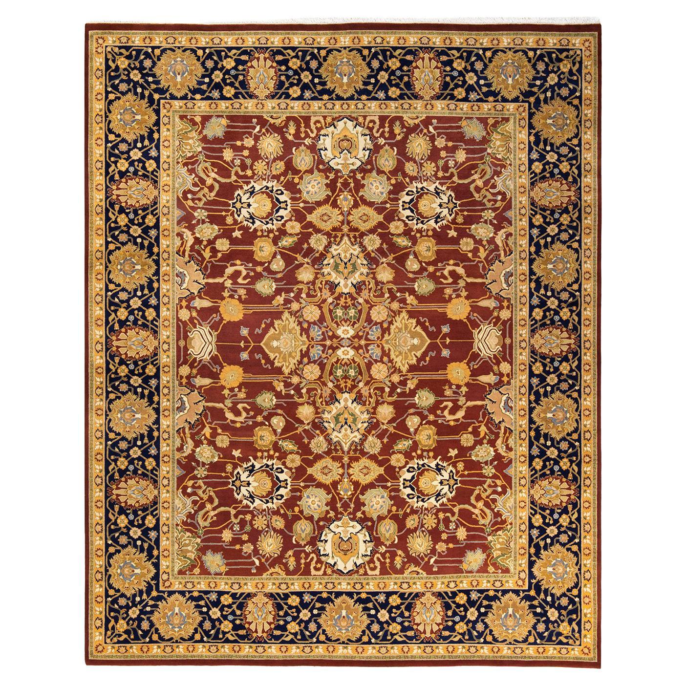 Tapis traditionnel Mogul rouge unique fait à la main, unique en son genre