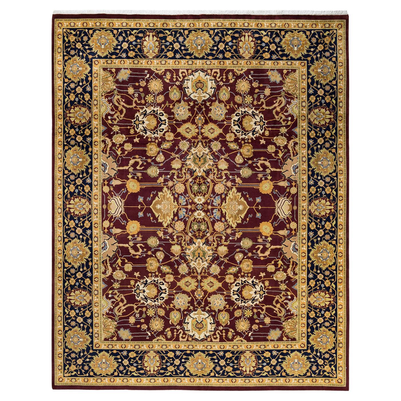 Tapis traditionnel Mogul rouge unique fait à la main, unique en son genre