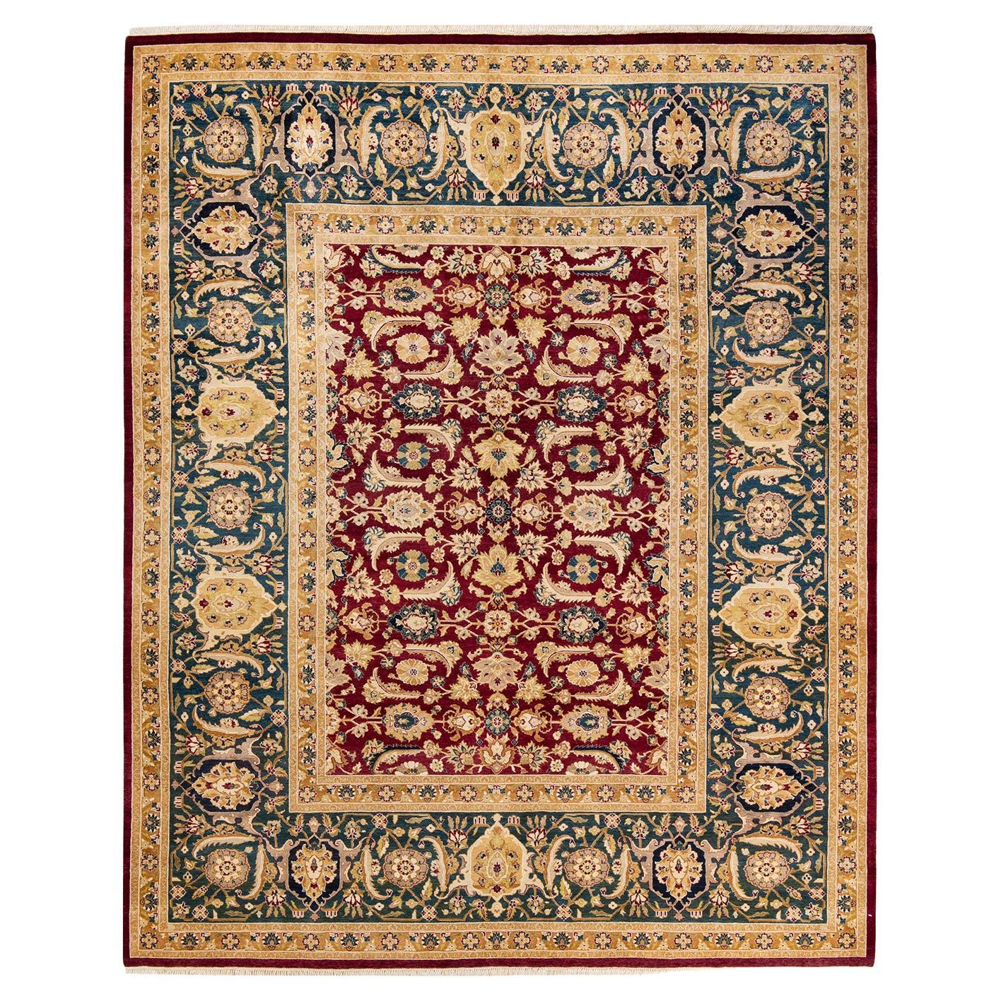 Tapis traditionnel Mogul rouge unique fait à la main, unique en son genre