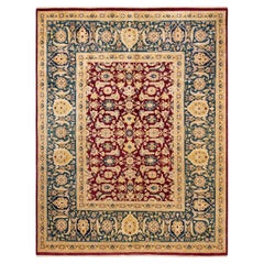 Tapis traditionnel Mogul rouge unique fait à la main, unique en son genre