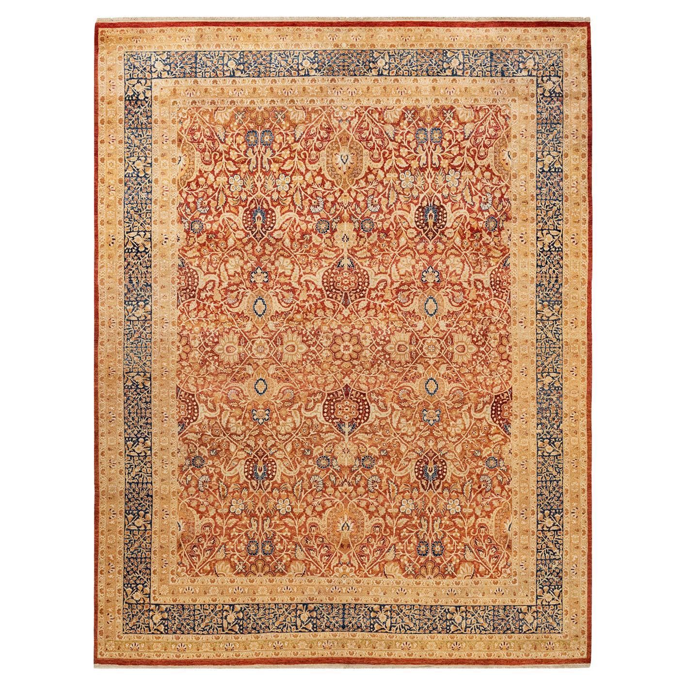 Tapis traditionnel Mogul rouge unique fait à la main, unique en son genre