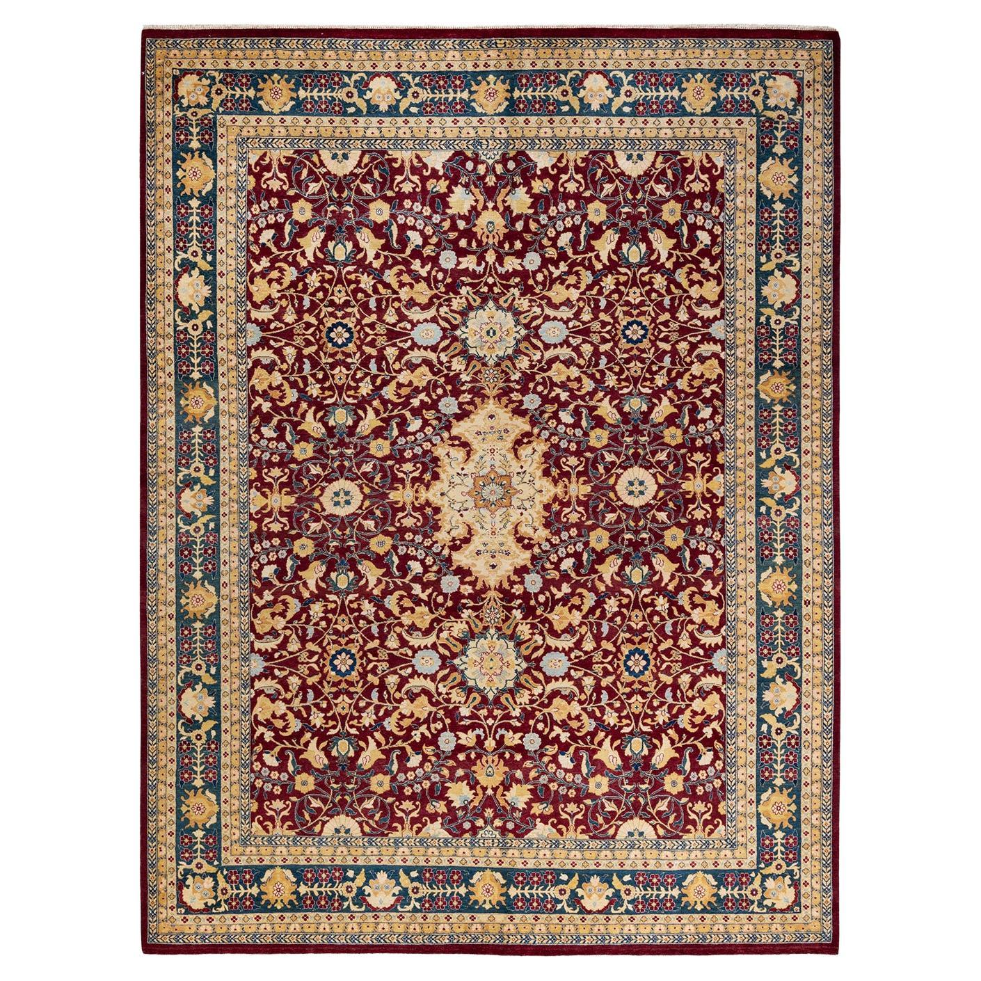 Tapis traditionnel Mogul rouge unique fait à la main, unique en son genre