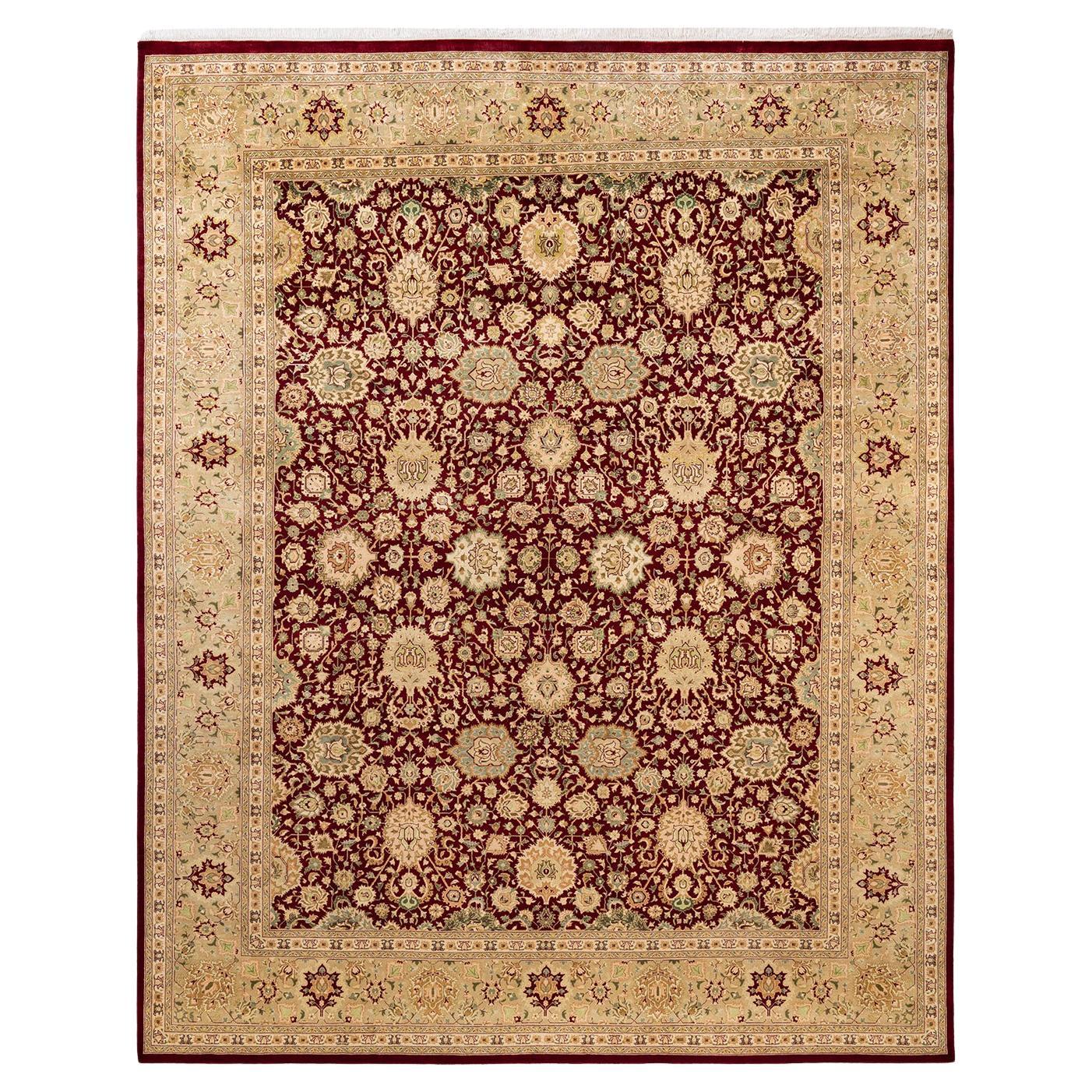 Tapis traditionnel Mogul rouge unique fait à la main, unique en son genre