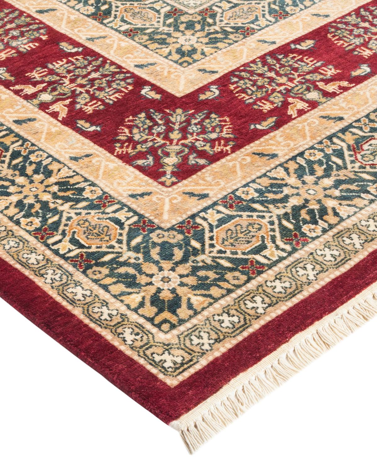 Laine Tapis traditionnel Mogul rouge unique fait à la main, unique en son genre en vente