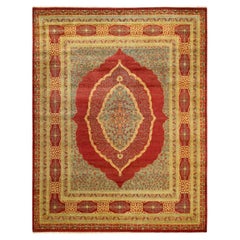 Tapis traditionnel Mogul rouge unique fait à la main, unique en son genre