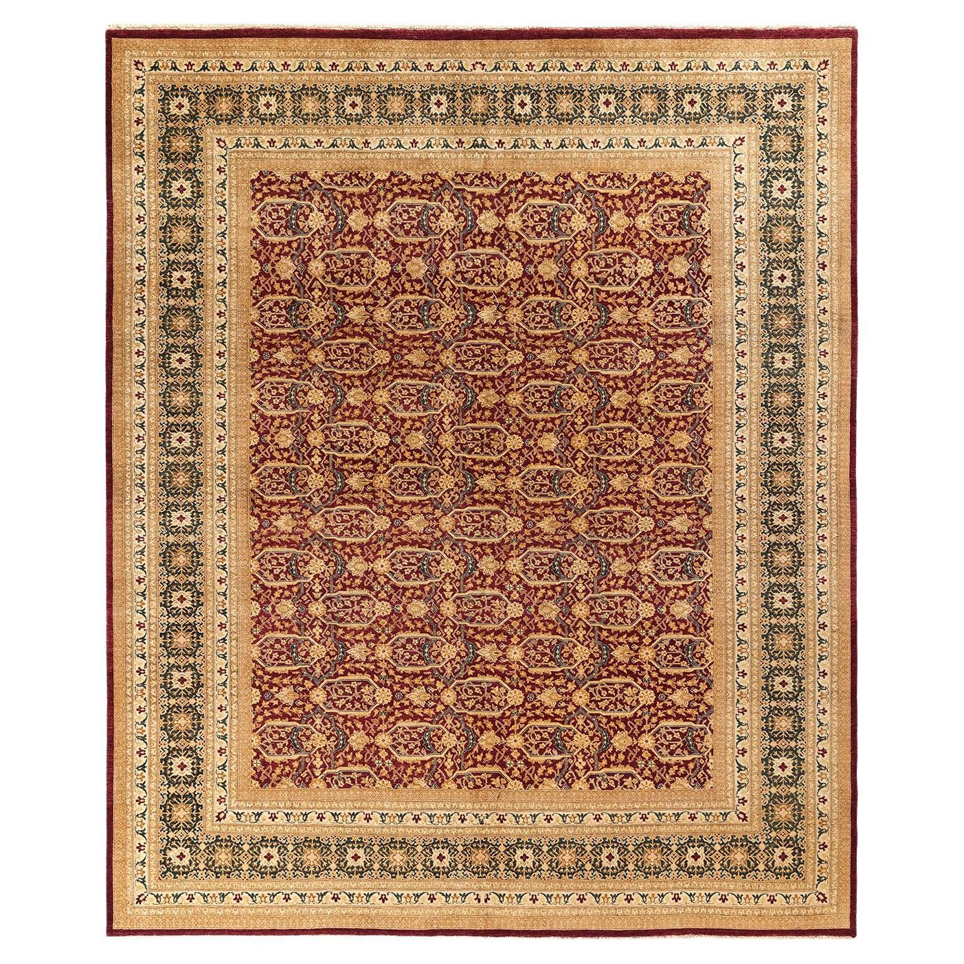 Tapis traditionnel Mogul rouge unique fait à la main, unique en son genre