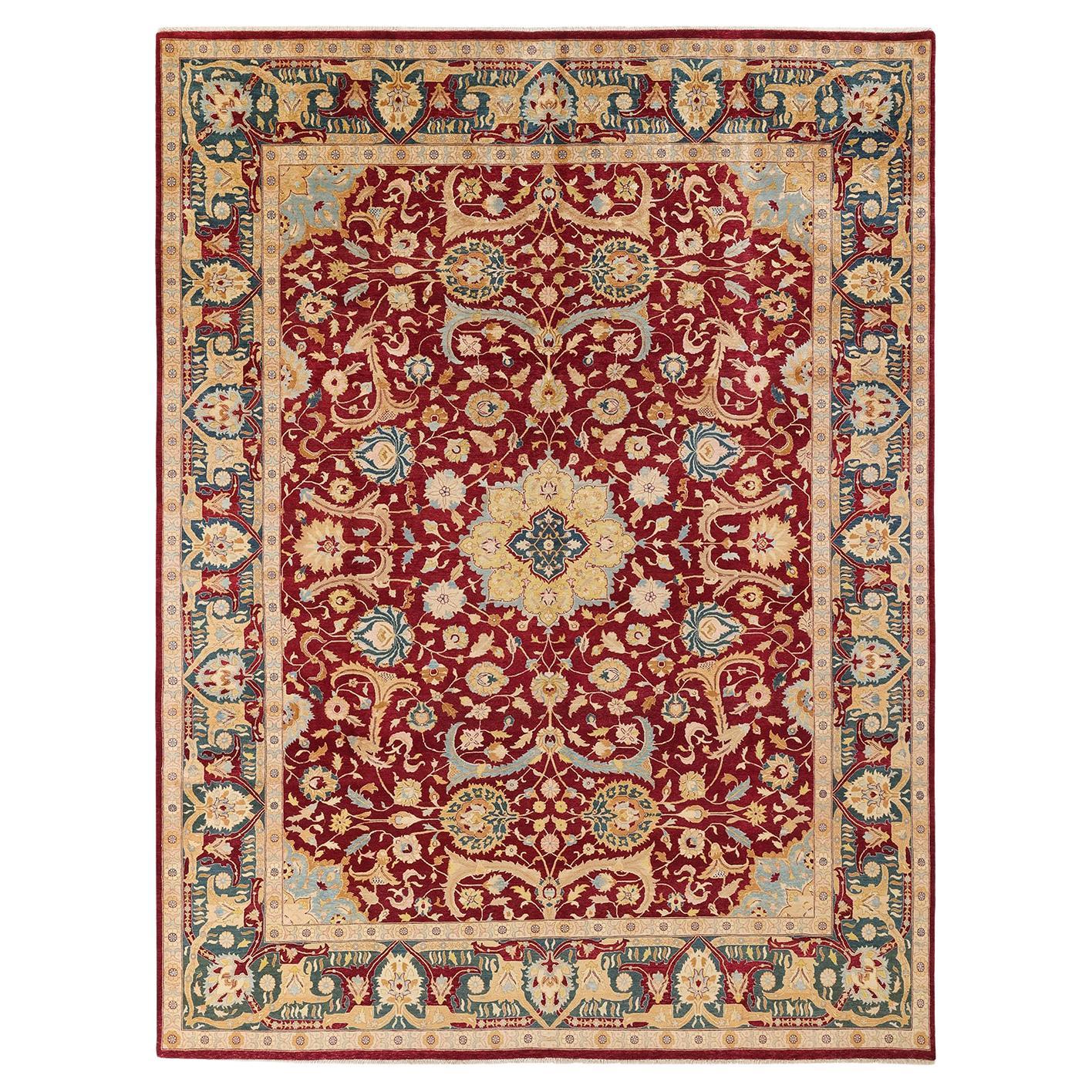 Tapis traditionnel Mogul rouge unique fait à la main, unique en son genre