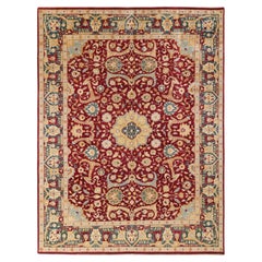 Tapis traditionnel Mogul rouge unique fait à la main, unique en son genre