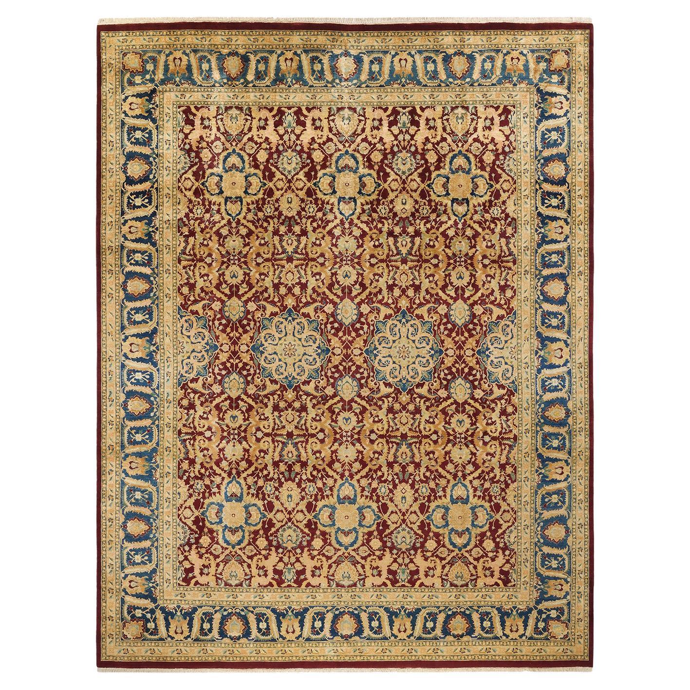 Tapis traditionnel Mogul rouge unique fait à la main, unique en son genre
