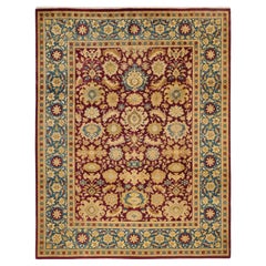 Tapis traditionnel Mogul rouge unique fait à la main, unique en son genre