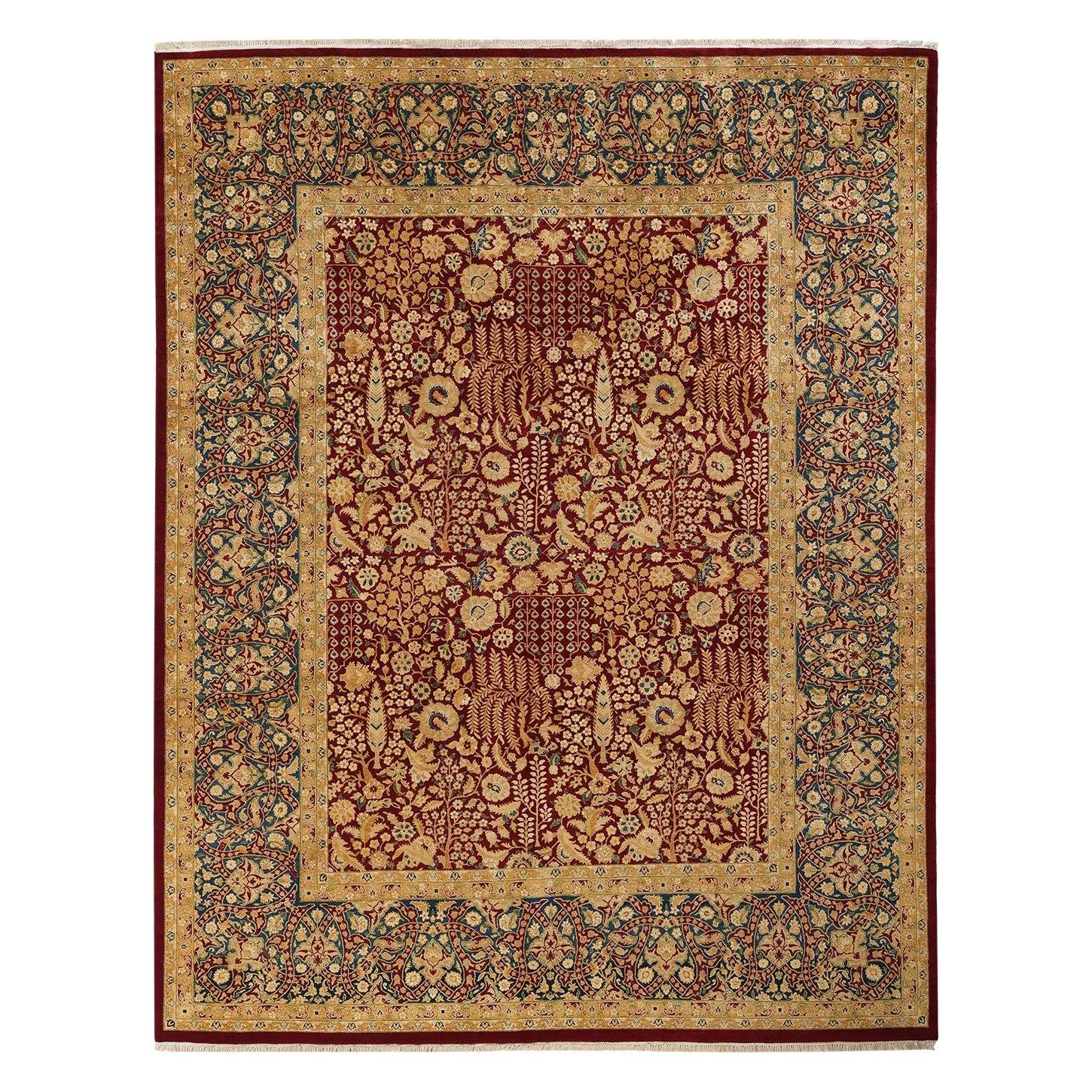 Tapis traditionnel Mogul rouge unique fait à la main, unique en son genre