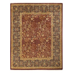 Tapis traditionnel Mogul rouge unique fait à la main, unique en son genre