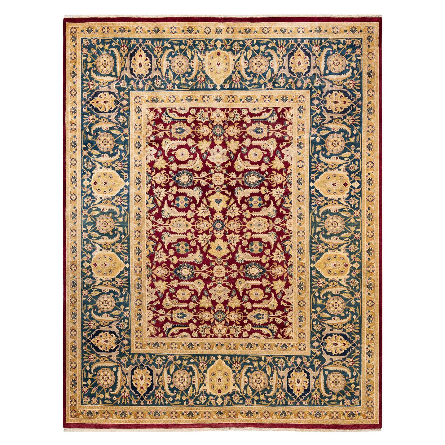 Tapis de sol traditionnel Mogul rouge, fait à la main, unique en son genre