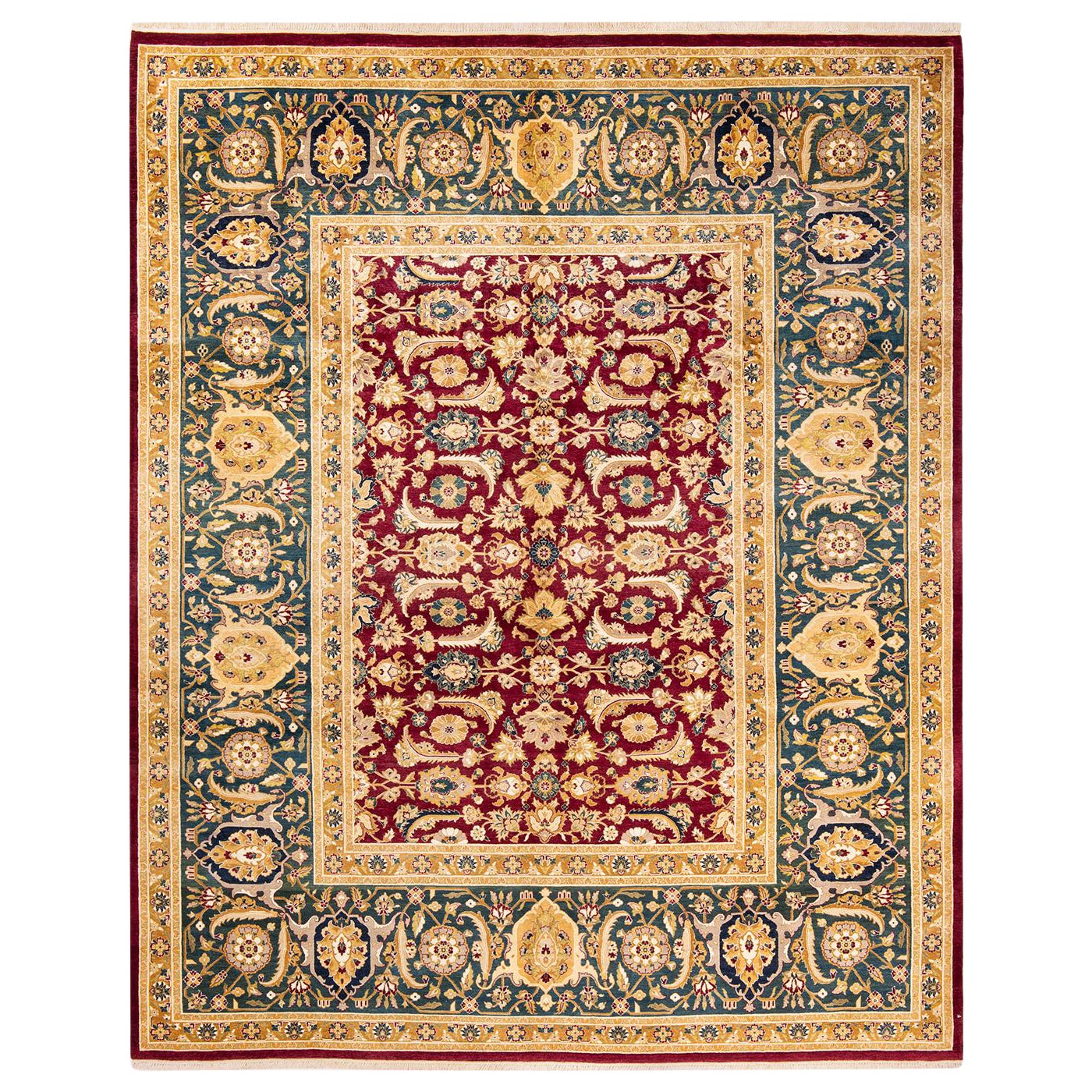 Tapis traditionnel Mogul rouge unique fait à la main, unique en son genre