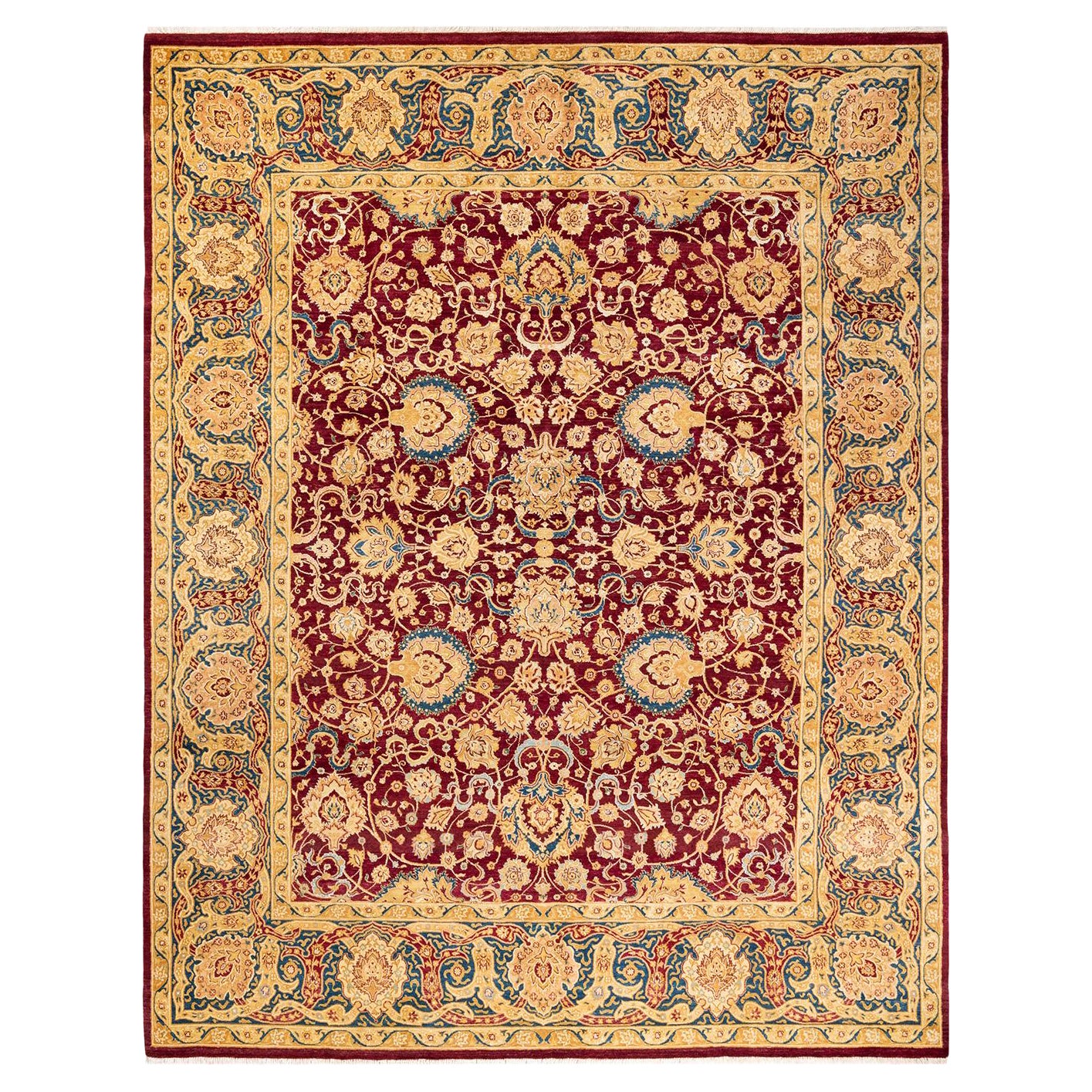Tapis traditionnel Mogul rouge unique fait à la main, unique en son genre